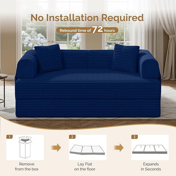 Convertible Corduroy Sleeper Sofa Bed with Cylindrical Pillow, Folding Mattress Couch with Fixed-Shape Frame, Floor Sofa Lounge Couch for Living Room Bedroom Lounge Studio, Blue