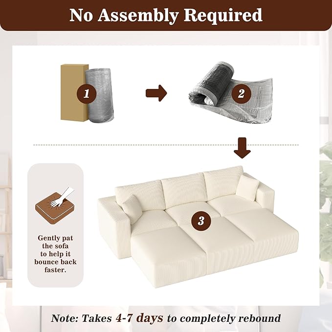110" Modular Sectional Sofa, Cloud Couch Memory Foam Boneless Couch with Ottoman, Cozy Upholstered Corduroy Floor Couch, No Assembly Required Living Room Furniture for Apartment Home Decor, Beige