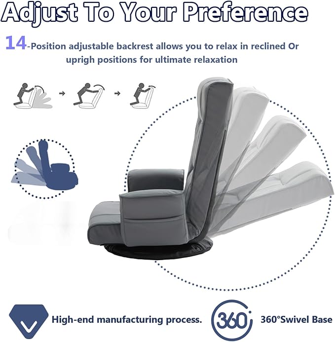 360 Degree Swivel Floor Chairs for Adults, Faux Leather Gaming Floor Chair with Back Support, 14 Angles Adjustable Comfortable Floor Lounge Chair Folding Video Game Chairs Office Bedroom