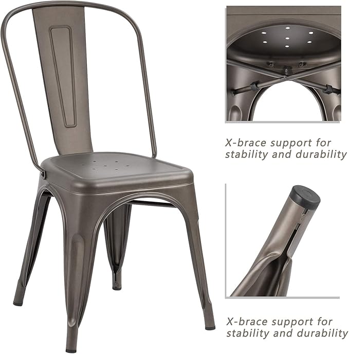 Devoko Metal Indoor-Outdoor Chairs Distressed Style Kitchen Dining Chairs Stackable Side Chair with Back Set of 4 (Gun)