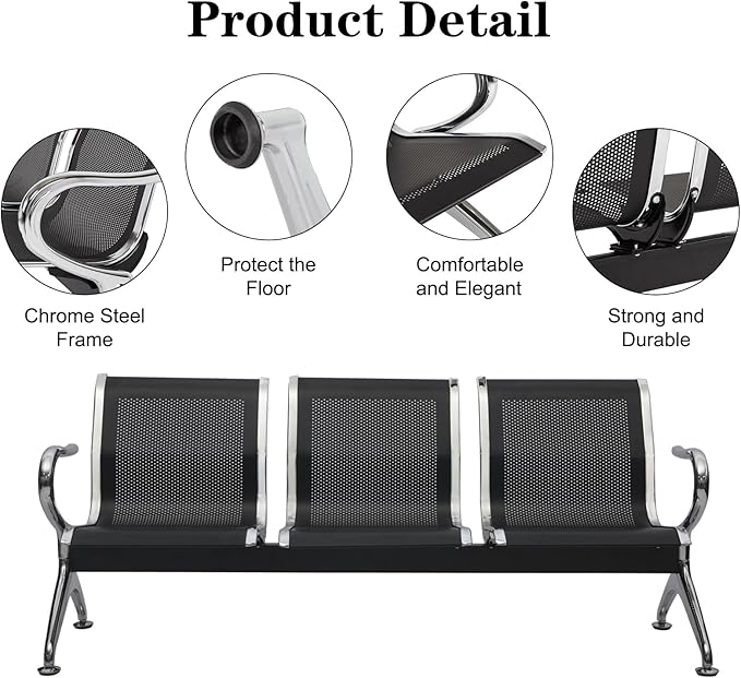 Kinfant Waiting Room Bench Set - Metal Office Guest Reception Seat Black Mesh Waiting Room Chairs with Armrest for Airport, Hospital, Bank, Salon, Barbershop, Hall(3-Seat, Set of 4)