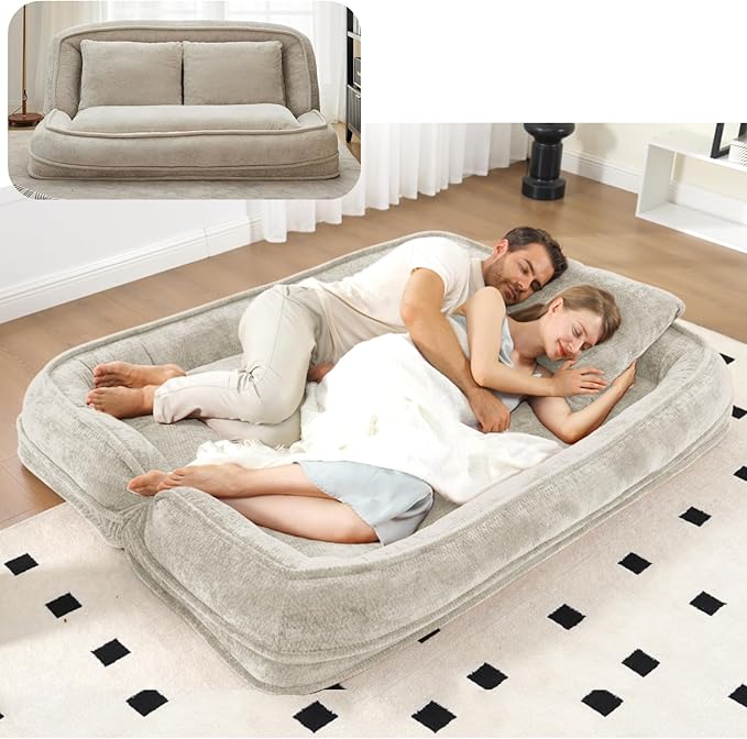 Foldable Lazy Sofa Bed, Chenille Upholstered Human Dog Bed for Adults, 2 in 1 Convertible Floor Sofa with 5 Adjustable Backrest Positions and Soft Cushions for Living Room (Beige)