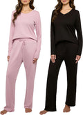 Real Essentials 2 Pack Women's Soft Cotton Long Sleeve Pajama Set with Pants - Lounge Sets for Women (Available In Plus)