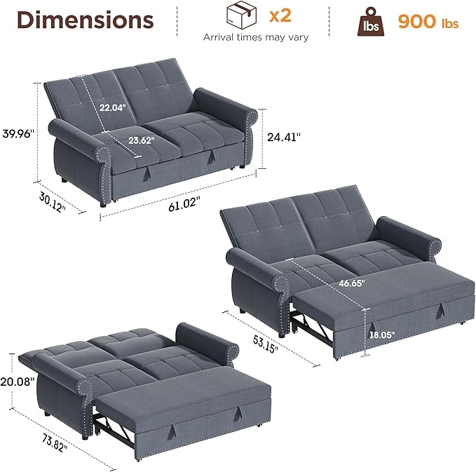 3 in 1 Sofa Bed, 61 Inch Convertible Pull out Couch with Four Pillows, Loveseat Sleeper Sofa with Adjustable Backrest, Sofa Couches for Living Room, Bedroom, Apartment, Chenille Fabric, Grey