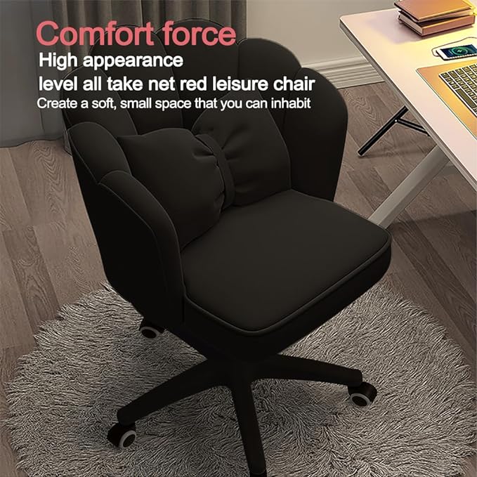 Petal Desk Chair with Bow Cushion Velvet Vanity Chair with Wheels, Upholstered Home Office Chair for Girls Women, Mid-Back Swivel Computer Task Chairs for Living Room Bedroom