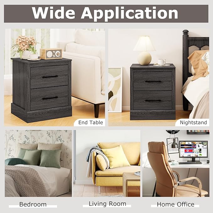 SIMOE Grey Oak Farmhouse Nightstand Set of 2, Wooden Bedside Table with 2 Storage Drawers, Compact Floor-Standing Night Stand, Accent Sofa Side Table for Bedrooms