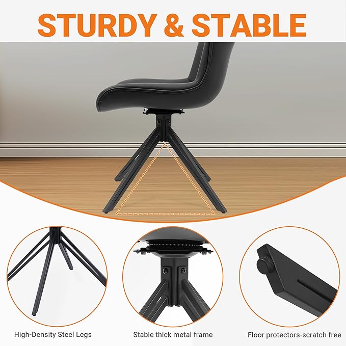 VATROS Dining Chairs Set of 4, 360° Swivel Upholstered Mid-Century Modern Kitchen Dining Room Chairs, Armless Faux Leather Accent Side Chair with Padded Back, Metal Leg, Black
