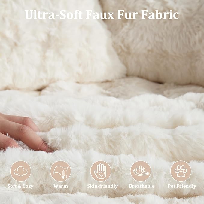 55" W Oversized Round Chaise Lounge Chair with Ottoman Indoor Boneless Faux Fur Plush Fluffy Circle Couch Soft Comfy Cozy Cloud Reading Chair for Living Room, Playroom, Bedroom - Beige White