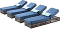 ACTREST Luxury Outdoor Chaise Lounges with 5 Inch Thickened Cushions - Set of 4 High Back Brown Wicker Patio Recliners Rattan Reclining Chairs Porch Poolside Pool Sunbathing Lounger - Navy Blue