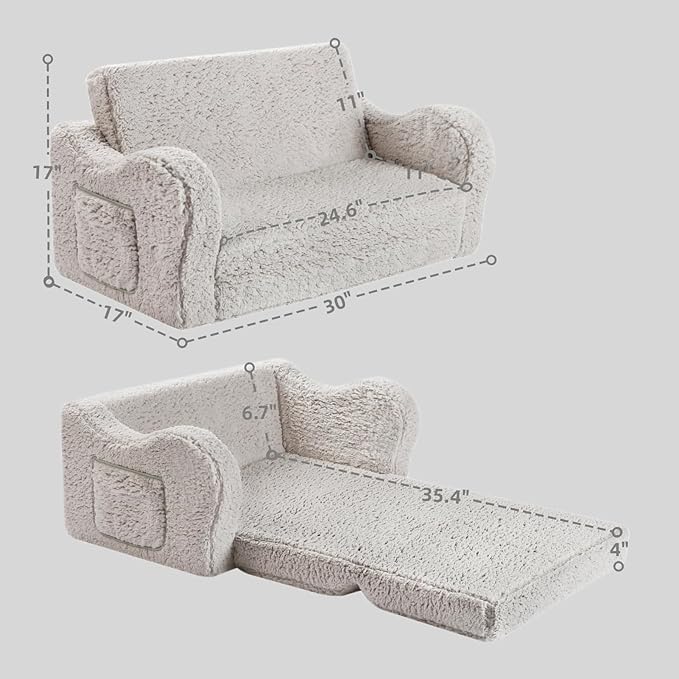 Kids Sofa, 2-in-1 Flip-Out Foam Couch, Soft Play Lounge Chair for Toddlers and Children, Extra Wide, Grey
