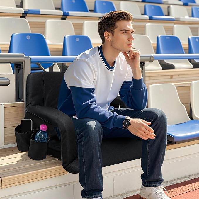 Hmlinktt Stadium Seats with Back Support, Bleacher Chairs with Back and Cushion, Wide Bleacher Seats with Thick Padded Cushion, Armrests, Side Pockets, Shoulder Straps for Sports Events