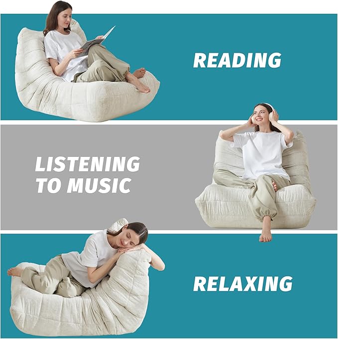 Homguava Bean Bag Chair, Giant Beanbag Chairs for Adults, Memory Foam Fireside Chair, Large Lazy Floor Sofa, Sofa Couch with High-Rebound Foam, Lounge Chair for Living Room, Bedroom (Beige, Single)
