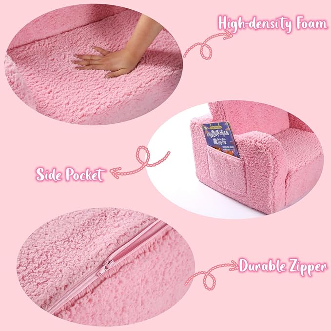 Kids Sofa, 2-in-1 Flip-Out Foam Couch with Soft Sherpa Cover, Cozy Play Lounge Chair, Pink