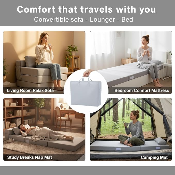 Tiita Folding Sofa Bed-Convertible Sleeper Chair with Storage Bag, Tri Foldable Mattress with Pillow, Portable Fold Out Chair Bed Floor Sofa for Living Room/Dorm/Guest Use/Travel, Single Size, Grey