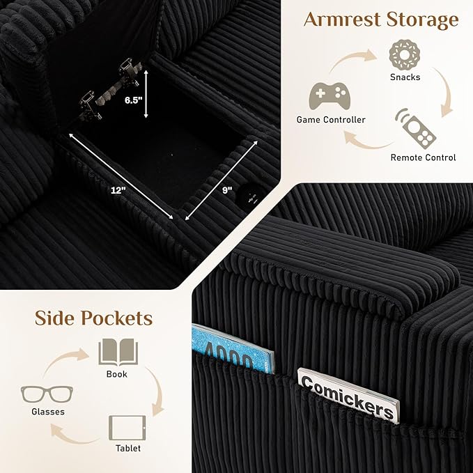 153" W x 60" D U Shape Sectional Sofa with USB Charging & Cup Holder & Storage, 6 Seater Plush Corduroy Couches with Movable Ottoman, Cloud Couch Sofas for Living Room, DIY Combination - Black