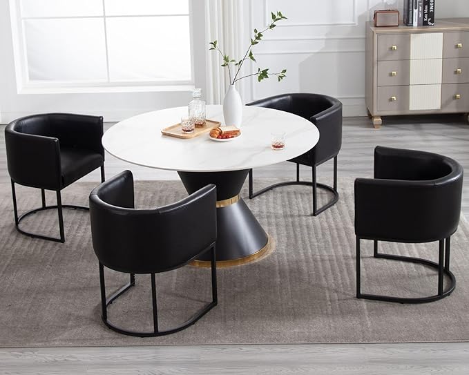 VESCASA Faux Leather Upholstered Dining Chairs with Barrel Back, Modern Padded Restaurant Chairs with Black Metal Frame for Kitchen, Dining Room, Set of 2, Black