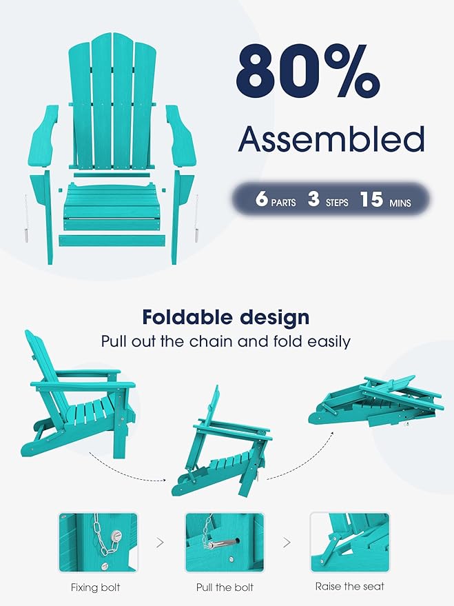 KINGYES Folding Adirondack Chair Set of 8, HDPE All-Weather Folding Adirondack Chair, Aruba
