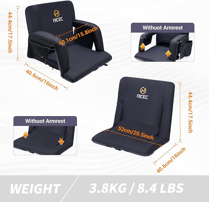 Nice C Heated Massage Stadium Seats, Floor Chair, Bleacher Seats, Reclining Waterproof Cushion, Foldable, Thick Padding, with Shoulder Straps & Side Pockets