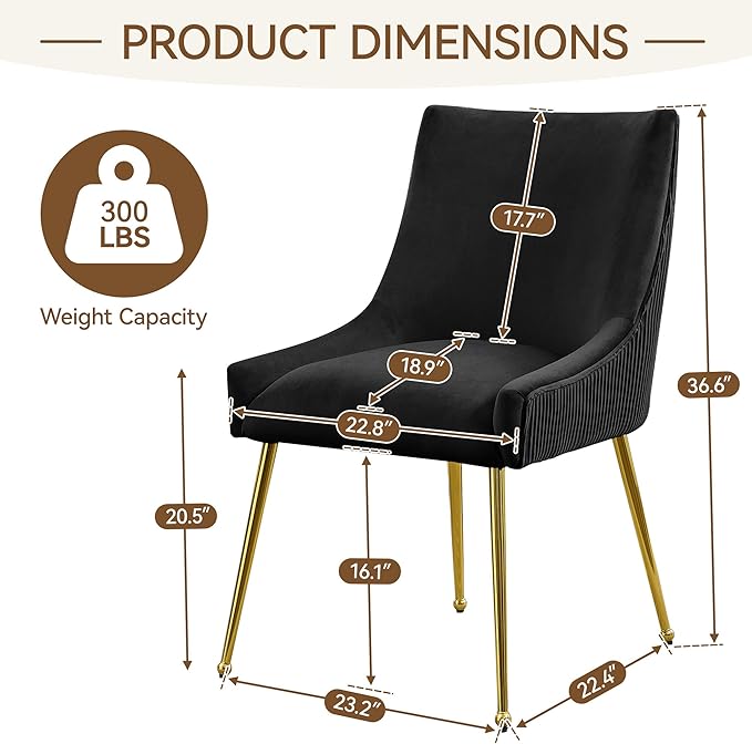 WUTUTUEE Velvet Dining Chairs Set of 4 Gold Legs,Upholstered Velvet Accent Chairs, Pleated Back Design & Gold Pull Handle, Mid Century Modern Chairs for Dining/Kitchen/Living Room,Black