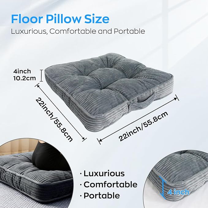 Meditation Floor Pillow Large Square Floor Cushions for Adults 22x22+4” Thicken Floor Sitting Memory Foam Pillows Seating Tufted Corduroy Seat Cushions Machine Washable for Yoga Living Room