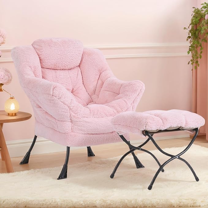 Tiita Lazy Chair with Ottoman, Pink Chair Modern Large Accent Lounge Armchair, Comfy Leisure Sofa Reading Chair with Footrest for Bedroom, Living Room, Dorm Rooms, Garden and Courtyard, Plush Pink