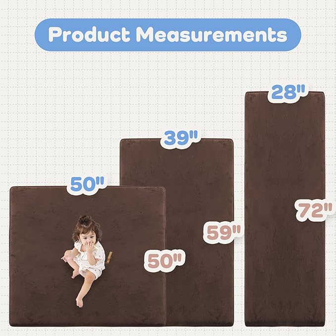 PAPAMAT 1.3" Thick Baby Floor Play Mat 50x50, Basic Padded Foam Mat for Tummy Time Crawling, Non Slip Cushioned for Babies Toddlers Infants Kids (Brown)