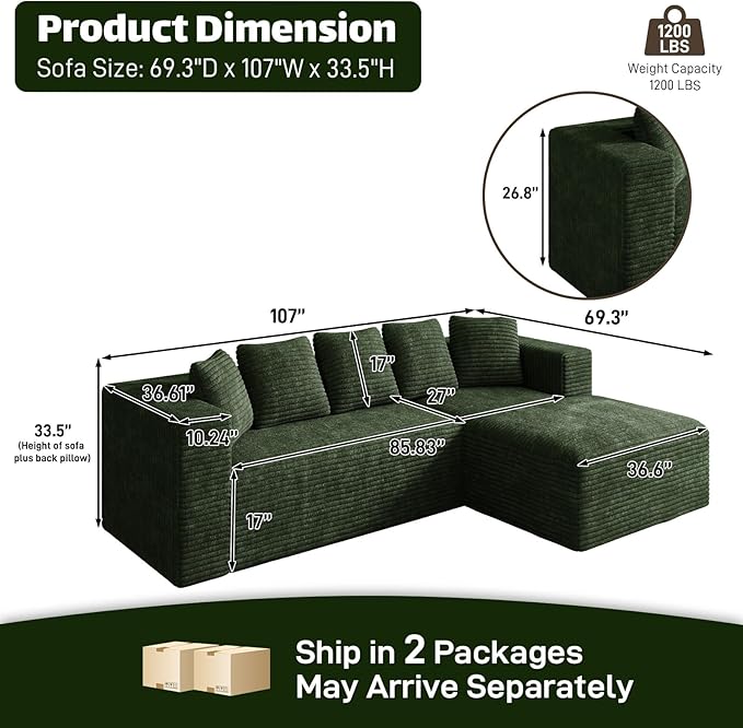 Modular Sectional Sofa, 107" L Shaped Cloud Couch Plush Corduroy Deep Seat Boneless Sofas with 5 Pillows Long Chaise Lounge Couches Memory Foam for Living Room - Green, Right Facing Chaise