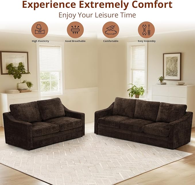 ACMEASE 67 Inches Chenille 2-Seat Sofa w/Comfortable Back Cushions, Modern Love Seat w/Deep Seat Space, Upholstered 2 Seater Couch w/High Resiliency Foam for Living Room, Office, Brown