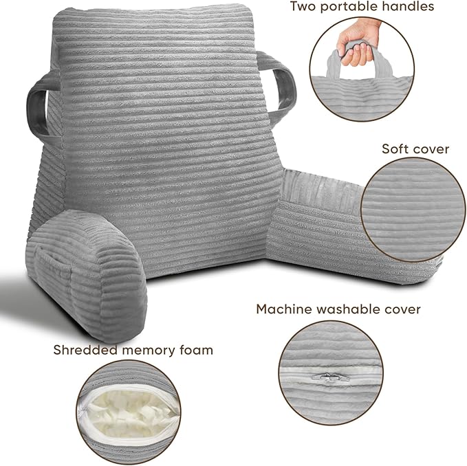 ABROLOY Reading Pillow for Sitting in Bed Adult, Bed Reading Pillow with Shredded Memory Foam, Back Pillow for Sitting with Arms and Pockets, LightGrey