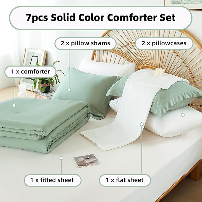 weigelia Bedding Set - 7pcs Sage Green Comforter Set for Queen Bed with Microfiber Sheets, Pillow Shams and Pillowcases - All Season Boho Style