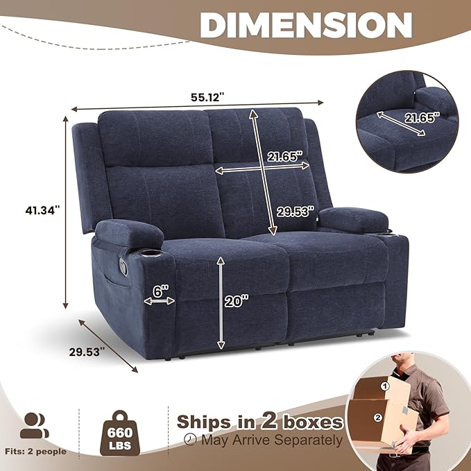PALLOME Manual Reclining Loveseat Sofa, 2-Seater Recliner Couch with Cup Holders, Fabric Reclining Sofa for Living Room/RV (Blue)