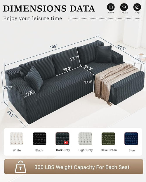 105 Inch Cloud Sectional Couch,Modern Modular Sectional Sofa with Deep Seat,Corduroy Boneless Couches with L-Shape Chaise for Living Room Bedroom,No Assembly Required (Dark Grey, Right Facing Chaise)