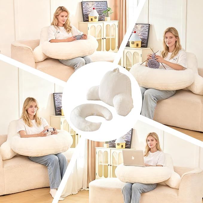 PAJEO Reading Pillow for Bed,U Shaped & Back Support Pillow for Bed,17" Backrest with Lumbar & Arm Support,Luxurious Faux Rabbit Fur,Gaming PillowFor Crochet/Reading/Watching TV,White