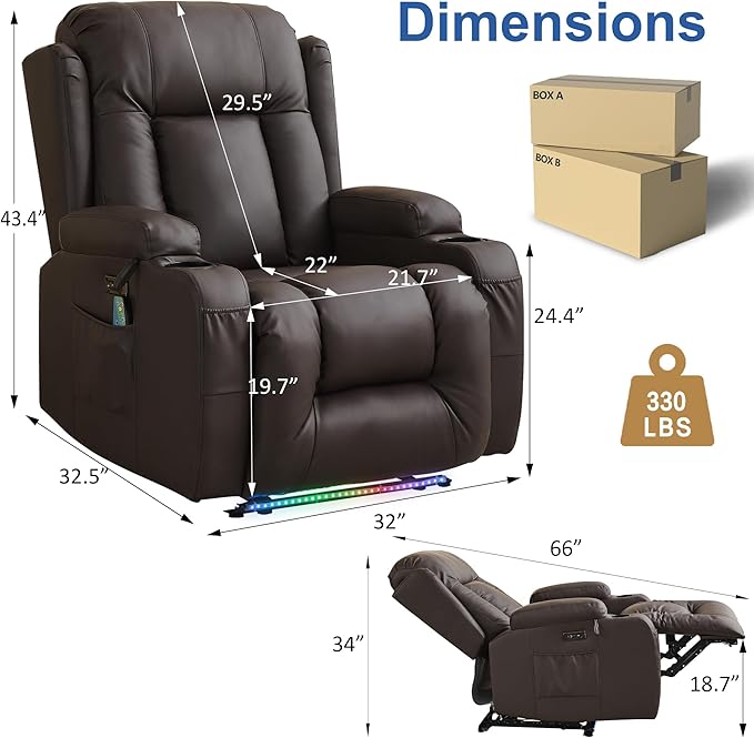 URRED Recliner Chair with Massage and Heat, Power Reclining Sofa Chair Home Theater Seating with LED Ambient Light, USB Ports, Cup Holders, Side Pockets, Faux Leather, Dark Brown