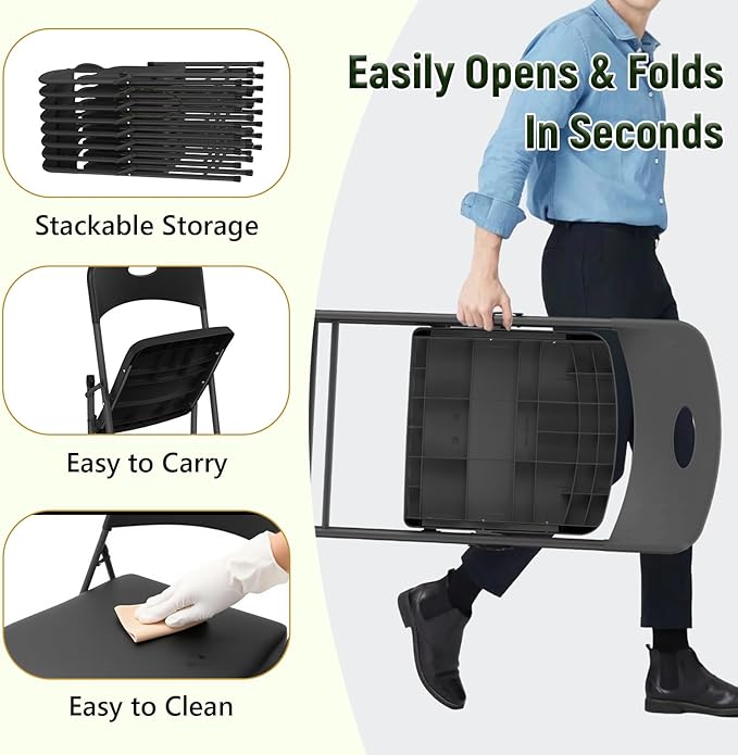 Plastic Folding Chair 4 Pack, Outdoor Sturdy Metal Folding Chairs for Outside Indoor, Portable 350 lbs Capacity Heavy Duty Foldable Commercial Seating for Picnic, Party, Patio, Black
