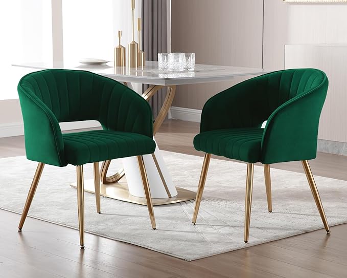 KCC Modern Accent Dining Chairs Set of 6, Upholstered Velvet Dining Room Chairs with Hollow Back, Tufted Kitchen Chairs Side Chairs with Gold Metal Legs for Living Room Restaurant, Green