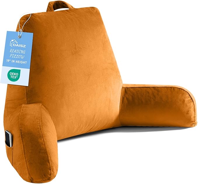 OAISZ Reading Pillow for Sitting in Bed Adult, X-Large Reading Pillow with Shredded Memory Foam, Back Pillow for Sitting Up with Extend Arms, Pockets, Bed Pillow with Washable Cover, Orange