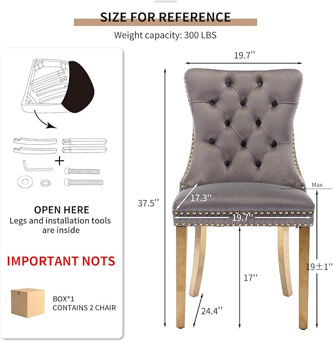 YeahFurn Mid Century Modern Dining Chairs Set of 2, Grey Velvet Upholstered Tufted Back, Kitchen & Dining Room Chairs, Gold Metal Legs, Nailhead Trim, Sillas para Comedor (Gray, 2 Pcs)