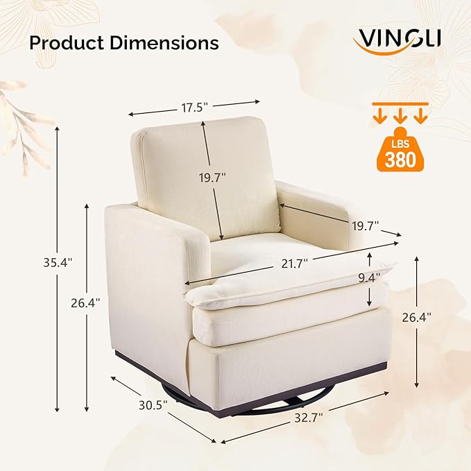 VINGLI Mid-Century Modern Single Swivel Armchair, 360° Swivel, Double-Layer Seat Cushions, Upholstered Square Club Chair for Living Room, Bedroom, Reading Room,Beige Chenille