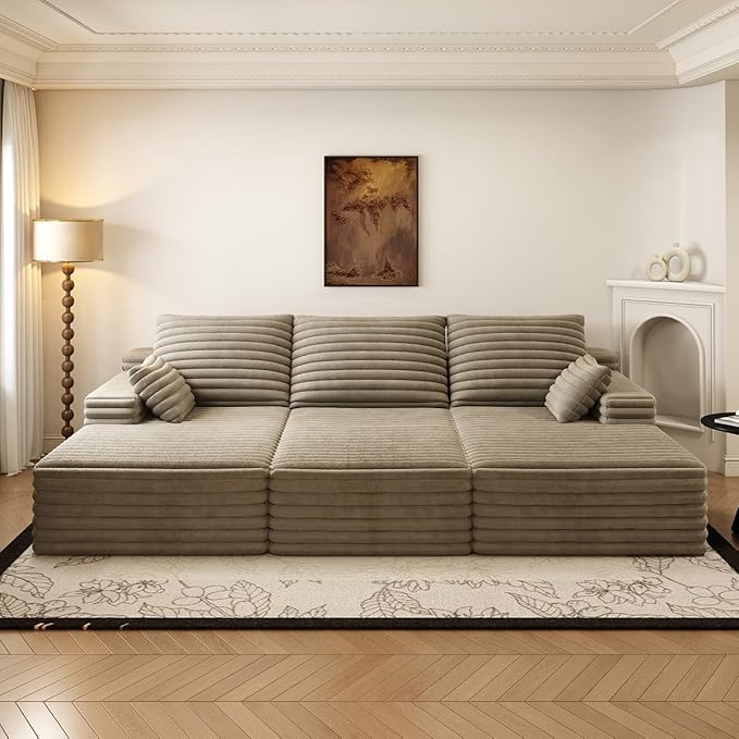 Oversized Lounge Chaise,Cloud Plush Sofa Bed,Upholstered Boneless Cloud Sofa Deep Seat,No Assembly Required,Modern Corduroy Sleeper 3 Seater Chair for Living Room Bedroom Reading,Camel