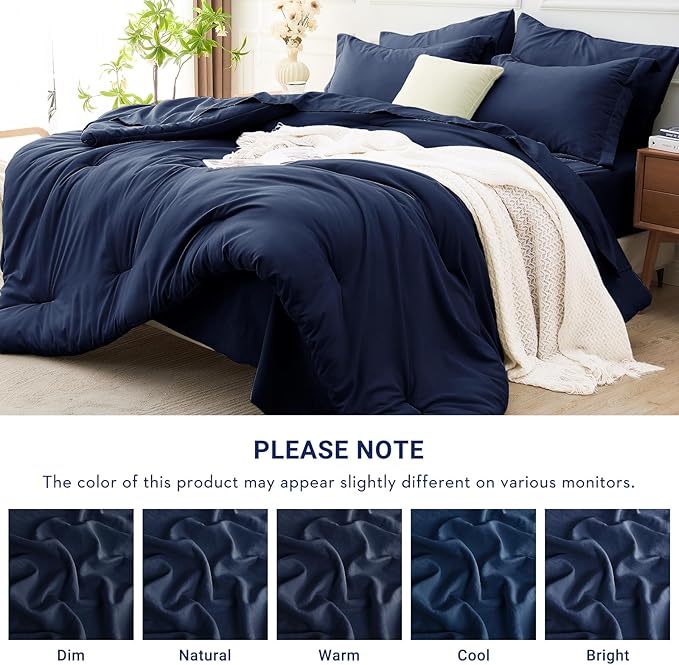 MUXHOMO 5 Pieces Twin Comforter Set, Soft Bed in a Bag Twin Size, All Season Bedding Set with Comforter, Flat Sheet, Fitted Sheet, Pillowcases & Shams, Navy Blue