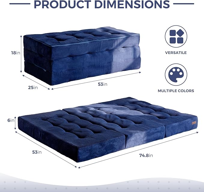 MAXYOYO Tri-Fold Mattress, 6 Inch Tufted Folding Mattress Full Foam Bed, Foldable Floor Couch Guest Bed Topper Portable Camping Sleeper with Corded Fabric, Navy, 53"x75"