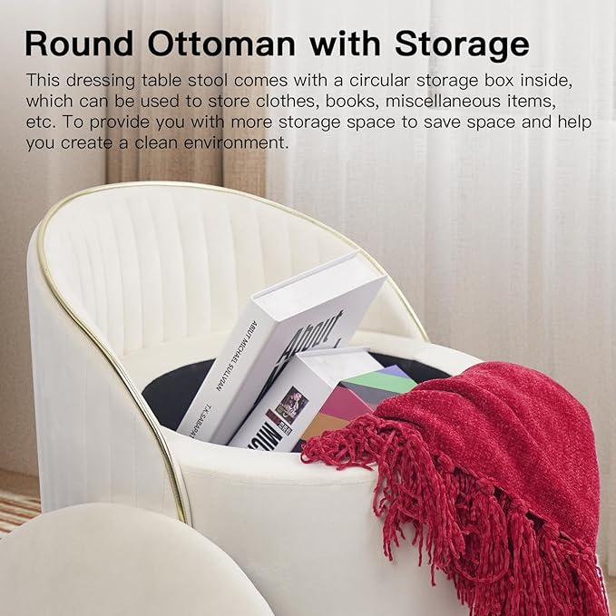 Round Storage Ottoman, Upholstered Velvet Vanity Stool with Lumbar Support, Swivel Rolling Wheels, Small Foot Stools Coffee Table Padded Seat for Makeup Room, Living Room, Bedroom Beige