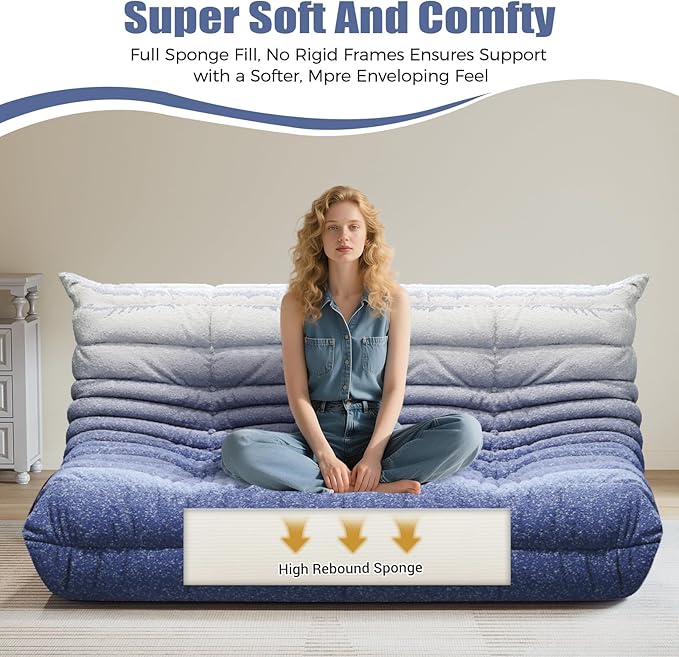 Selyteramy 3 Seat Oversized Bean Bag Chairs for Adults, Memory Foam Fireside Beanbag Couch, Comfy Bean Bag Lounger Lazy Sofa for Living Room, Bedroom, Playroom, White + Blue