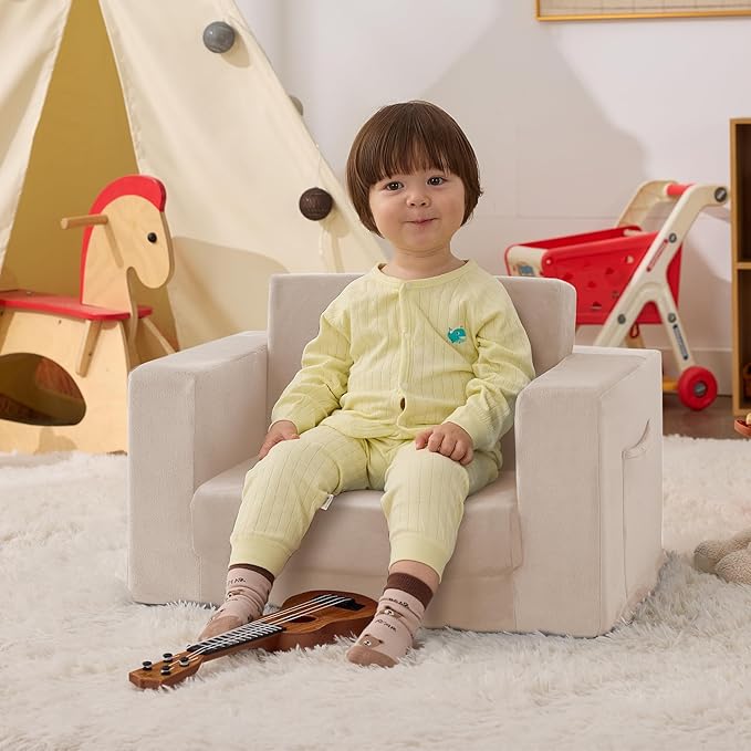 Kids Couch, 2-in-1 Toddler Chair Comfy 1-3 Years, Convertible Kids Chair, Toddler Couch That Fold Out, Kid Lounge Chairs for Boys and Girls, Soft Coral Fleece, Beige