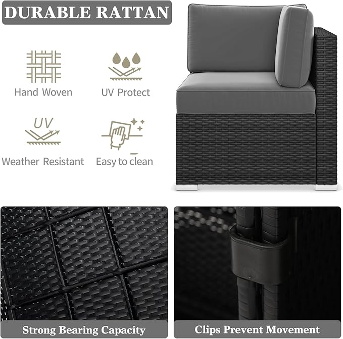 LayinSun 15 Pieces Patio Furniture Set with Fire Pit Table, Black Rattan Modular Sectional Patio Conversation Sofa Set