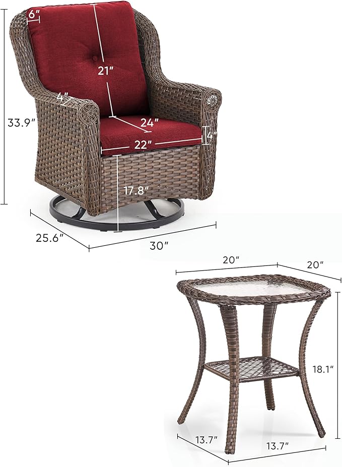 ACTREST 3 Piece Patio Swivel Chairs and Side Table Set - High Back Outdoor Brown Wicker Rattan Rocking Glider with Thick Cushions for Porch Apartment Deck Yard Poolside Garden - Red