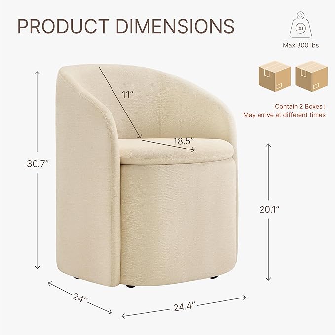 Upholstered Dining Chairs with Casters, Rolling Modern Dining Room Chairs with Hidden Storage & Barrel Backrest, Easy Assembly Accent Chair for Bedroom, Living Room, Dressing, Sand Fabric,2PCS