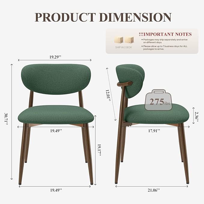 MALOL Dining Chairs Set of 4, Upholstered Dining Room Chairs with Metal Legs and Anti Slip Pads, Curved Back Kitchen Chair for Home and Restaurant Use, Green