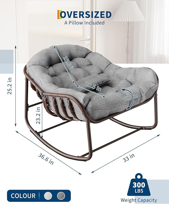 DEXSO Oversized Outdoor Papasan Rocking Chair - Metal Frame, Cushion & Wicker Rattan, for Balcony, Backyard, Porch, Bedroom (Grey)